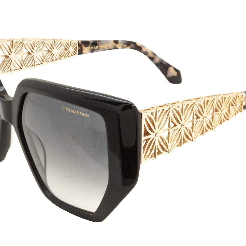Pier Martino Italy Oversized Black Acetate +  Gold Metal Temples Sunglasses